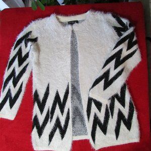 Nicole Sabbattini Faux Mohair Geometric Sweater Cardigan Cream Black